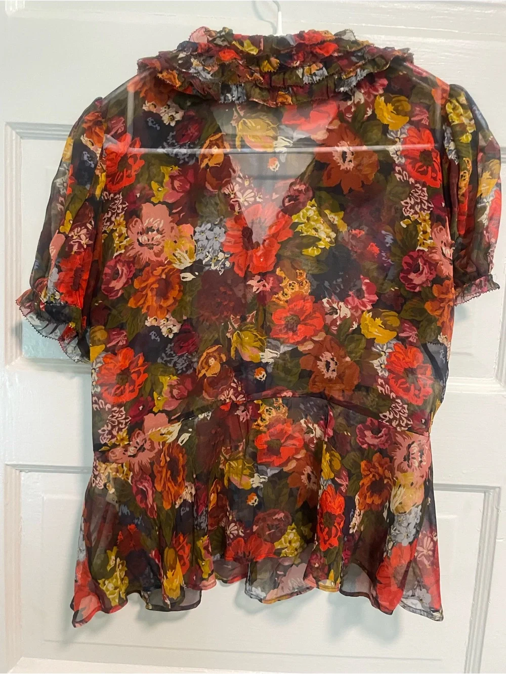 Doen Sheer Floral Ruffle Blouse - Red, Olive, Mustard